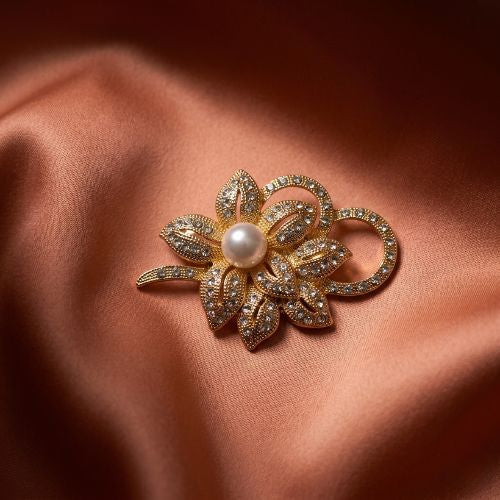 Gold-Tone Filigree Floral Brooch with Center Faux Pearl