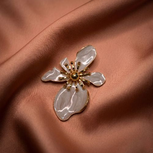Gold-Tone White Enamel Orchid Brooch