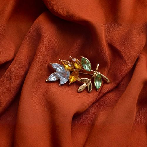 Gold-Tone Multi-Color Crystal Leaf Spray Brooch