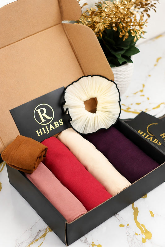 R Hijabs Premium Gift Box, Set of 4 Hijabs + Premium Scrunchie + Hijab Cap