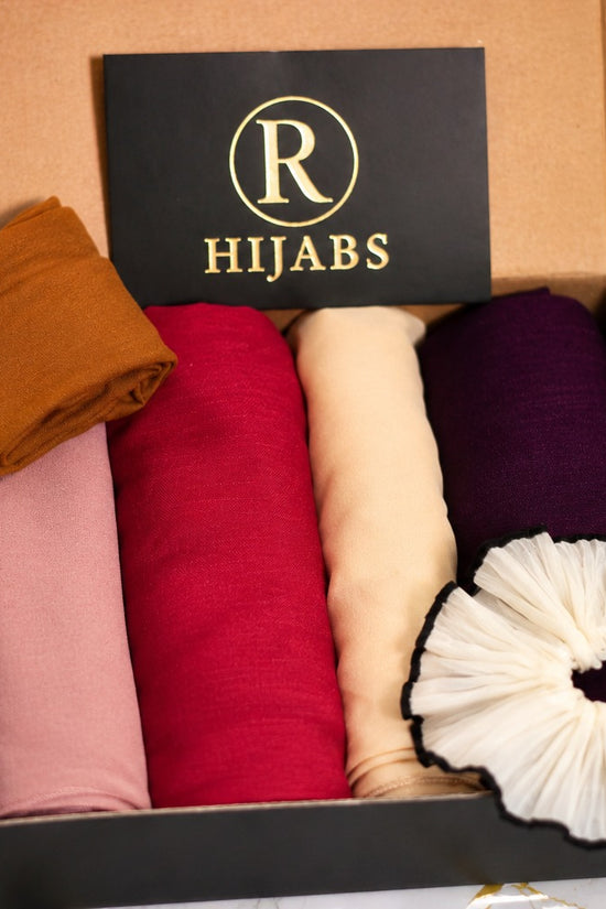 R Hijabs Premium Gift Box, Set of 4 Hijabs + Premium Scrunchie + Hijab Cap