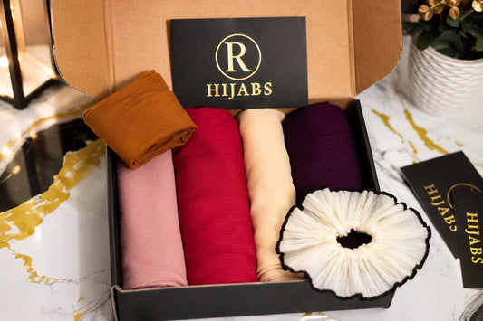 R Hijabs Premium Gift Box, Set of 4 Hijabs + Premium Scrunchie + Hijab Cap